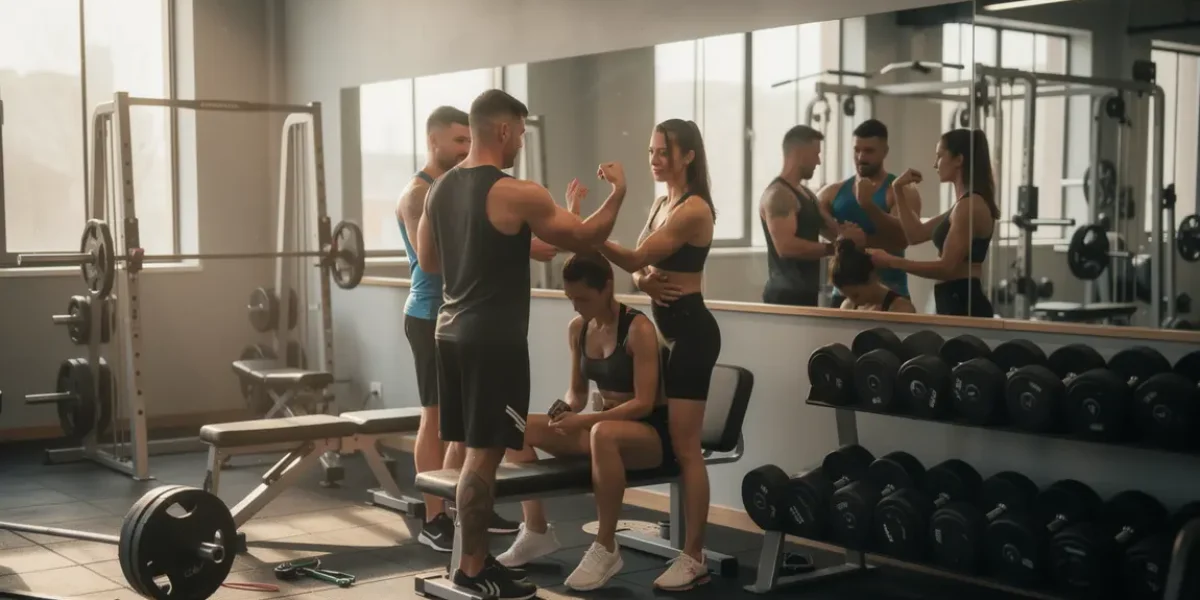 silhouettes analysant triceps court devant miroir salle de musculation