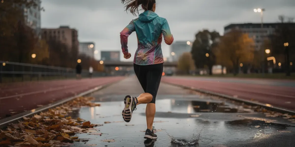 femme courant sous la pluie avec veste running technique
