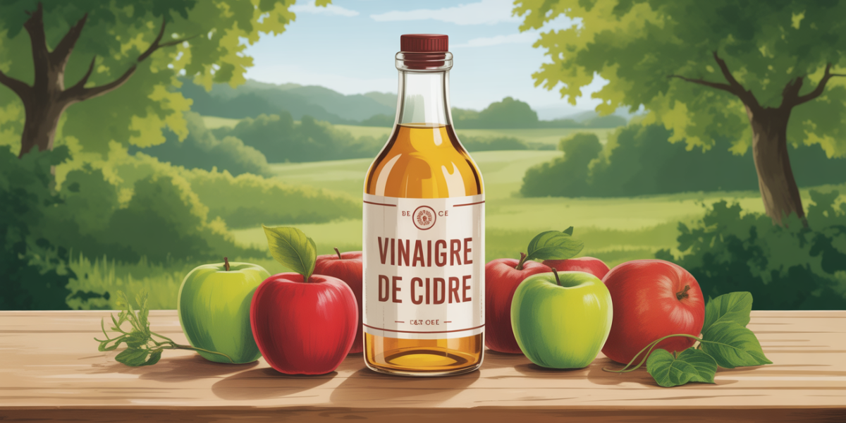 vinaigre de cidre entre pommes sur table bois