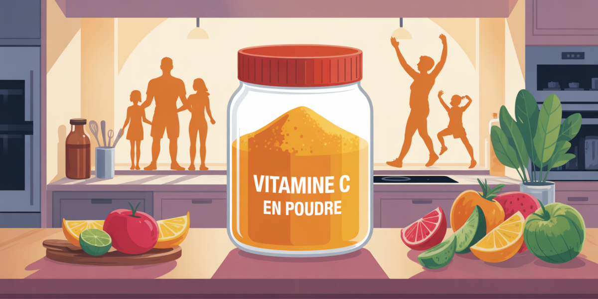 illustration vitamine c en poudre table avec pot et famille sportifs
