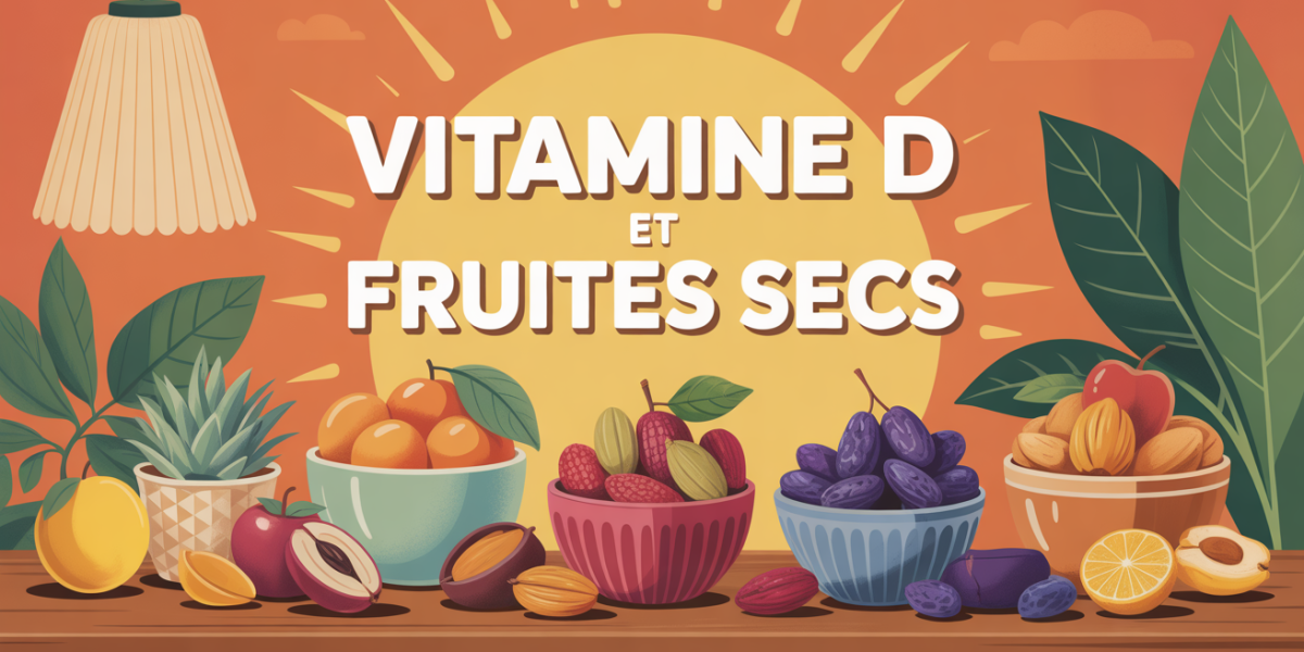 Fruits secs sur table bois, lumière soleil, titre Vitamine D