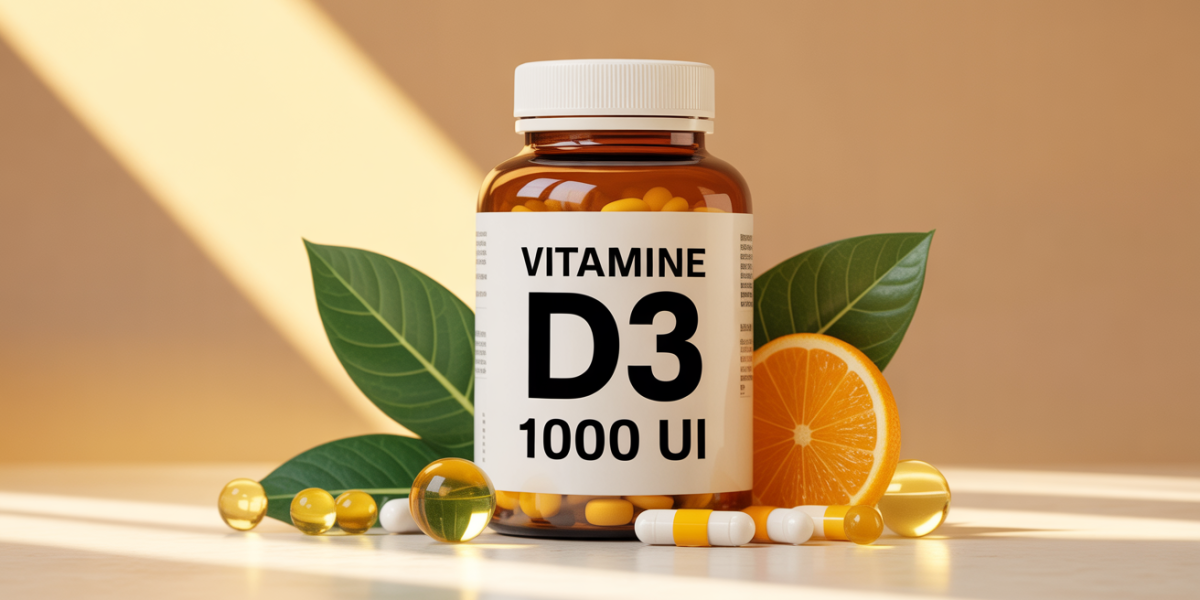 Flacon vitamine D3 1000 UI capsules gouttes fond naturel