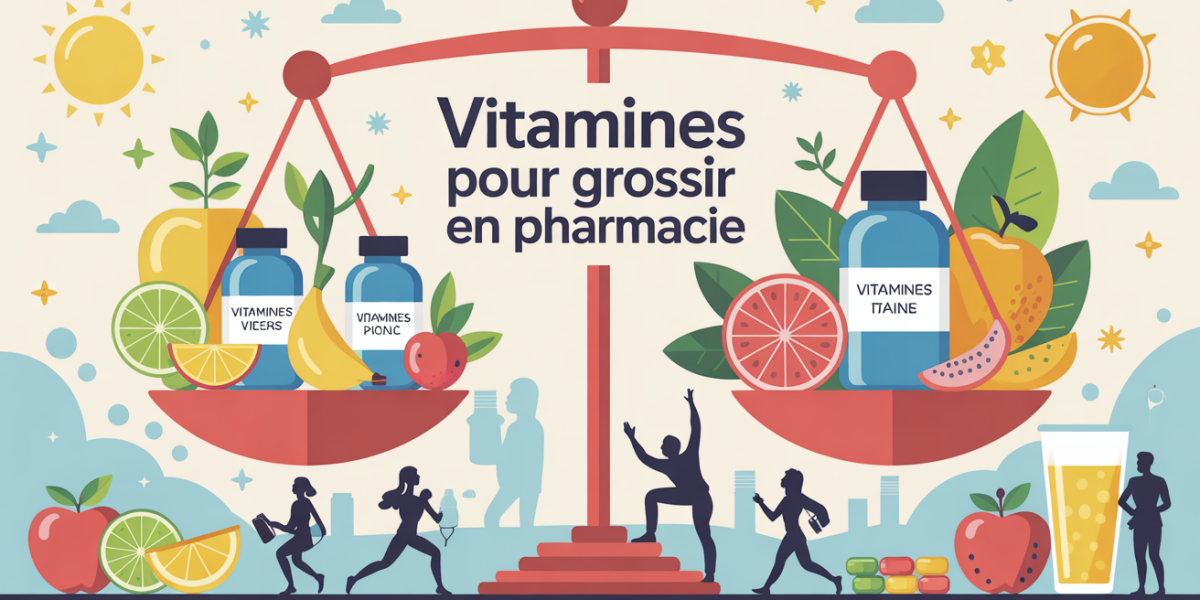 Illustration colorée de vitamines pour grossir en pharmacie balance flacons