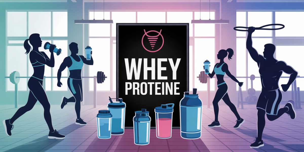 scene sportive avec whey proteine shakers pots